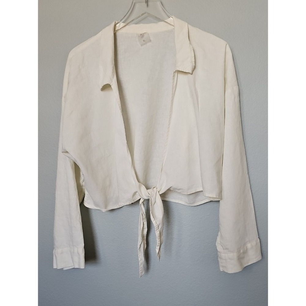 CALIA Linen Blend Tie Front Cropped Top Boho Minimalist XL Ivory